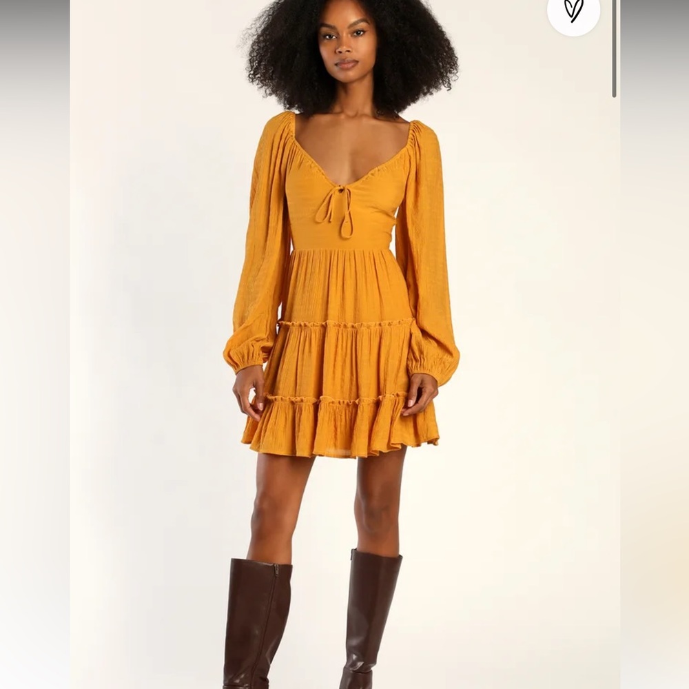 NWT- LULUs Tender Memories Yellow Tiered Ruffled Balloon Sleeve Mini Dress. L - Picture 1 of 13
